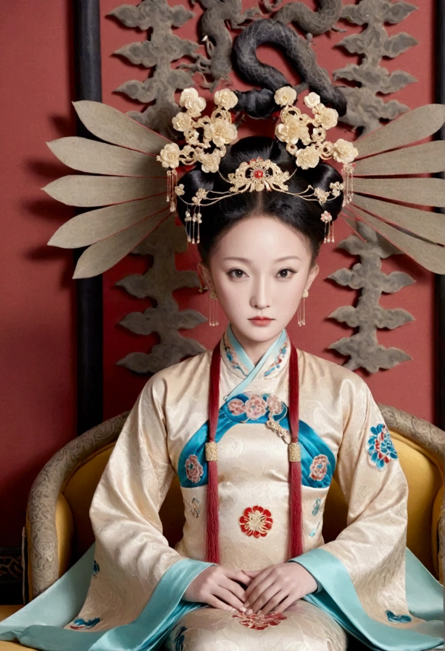 A gorgeous empress from the Chinese imperial court during the Qing Dynasty, fully naked on a large golden sofa, spreading one&#39;s legs open wide with knees bent,creating the shape of the letter M（Porn Pose） A gorgeous Chinese imperial empress with her hair tied on both sides and wearing a crown、Background of kinky and erotic woman tying her hair、The story is set in the luxurious rooms of an empress in the Chinese imperial court during the Qing dynasty.。