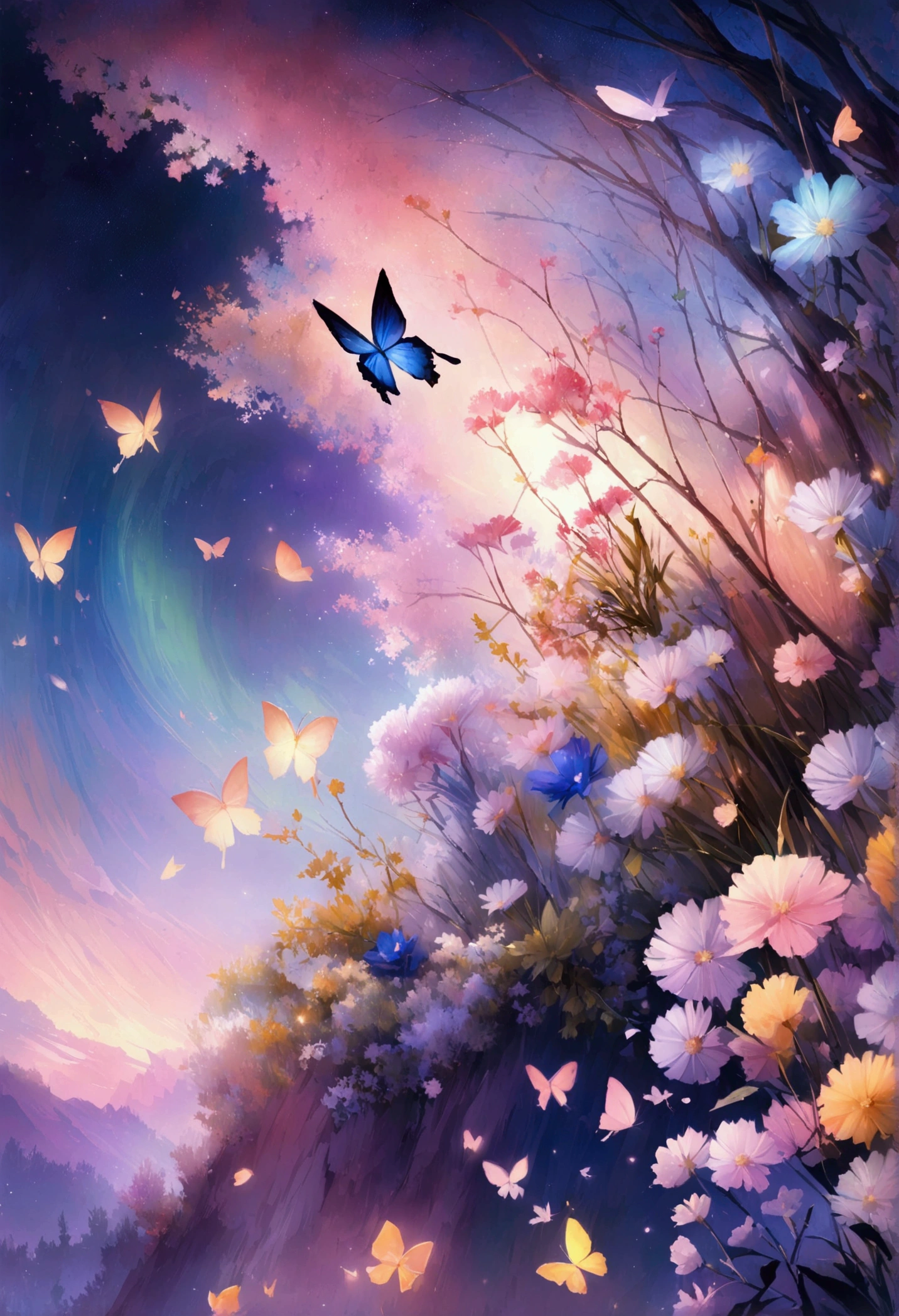 sunny, Starry Sky, Aurora,moonlight,すべてはgemで表現される, The arrival of spring,
, Beautiful butterfly,View from below, Falling from the sky々gem, amazingly beautiful scenery, Slightly hazy, wonderful, High resolution, 8k, (Highest quality, High resolution, Realistic:1.37), Shiny metallic flowers, Intricate and delicate petals, Reflective surface, Vibrant colors, Intricate details, Close-up view, 超Realisticな庭園, 超Realisticな美しさ, Dreamy atmosphere, Fine art, Abstract Plants, Metallic engraving, Contrasting Textures, Mysterious glow