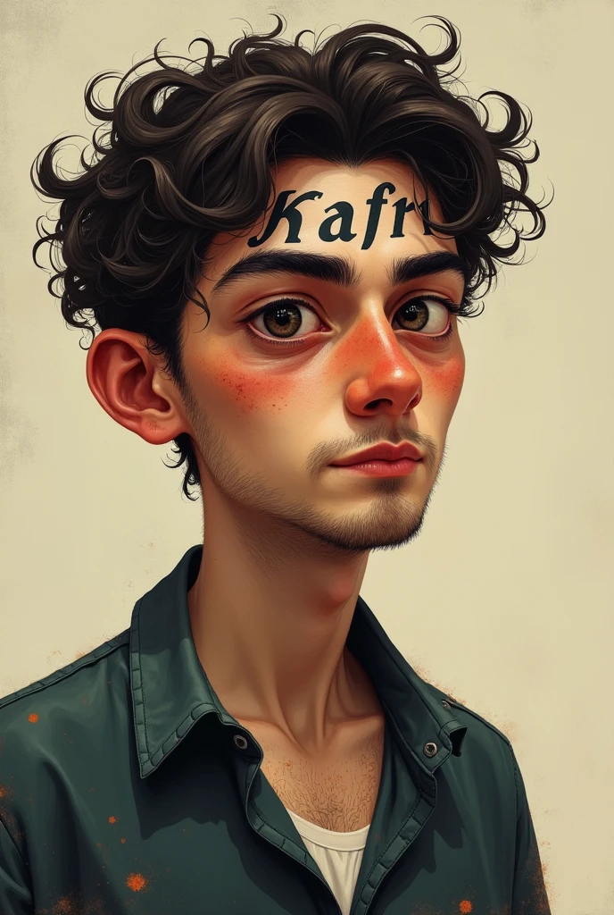  young man with a ruddy complexion who is pigeon toed with thick curly hair and wide forehead whose right eye will look like floating sunken grape and blind on left eye and Kafir written on his forehead
