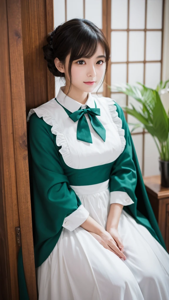 masterpiece, Highest quality, One person, alone, Nahida_Genshin Impact, Cruciform pupil, Maid clothes, Green Cape, Are standing
