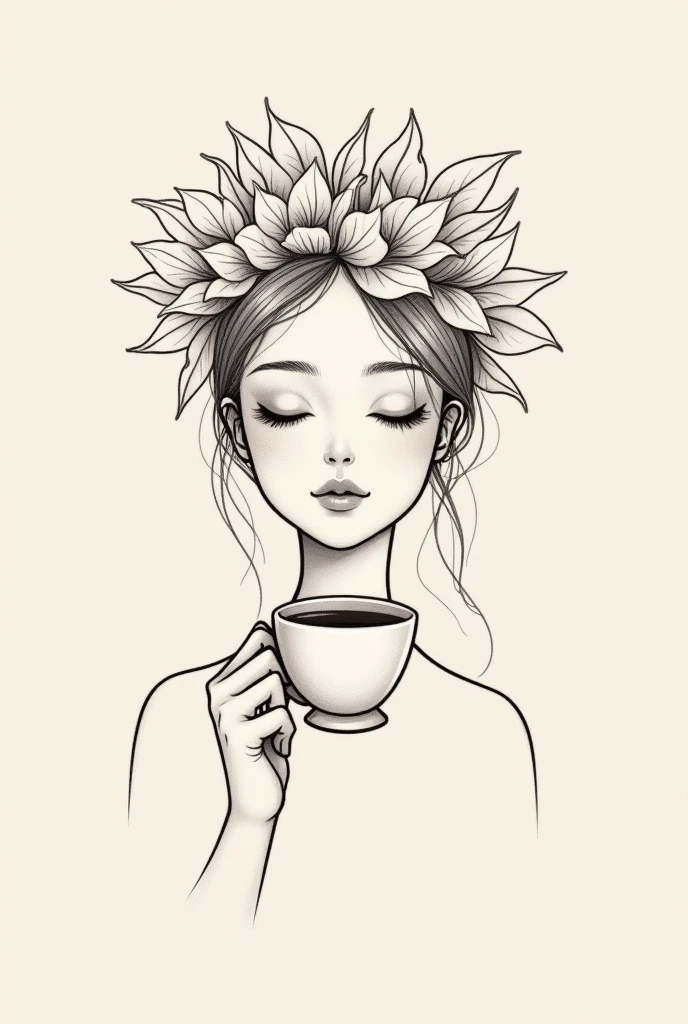 a tattoo with only lines and strokes of a woman's face with flowers on her head and holding a cup of coffee