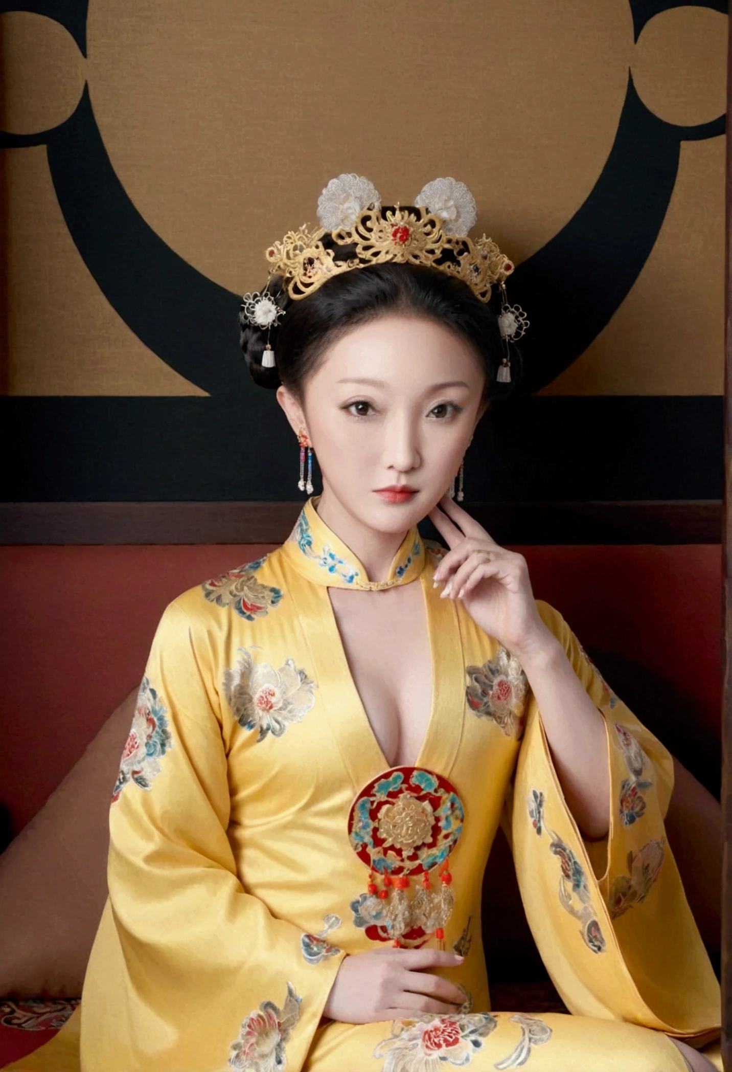 A gorgeous empress from the Chinese imperial court during the Qing Dynasty, fully naked on a large golden sofa, spreading one&#39;s legs open wide with knees bent,creating the shape of the letter M（Porn Pose） A gorgeous Chinese imperial empress with her hair tied on both sides and wearing a crown、Background of kinky and erotic woman tying her hair、The story is set in the luxurious rooms of an empress in the Chinese imperial court during the Qing dynasty.。