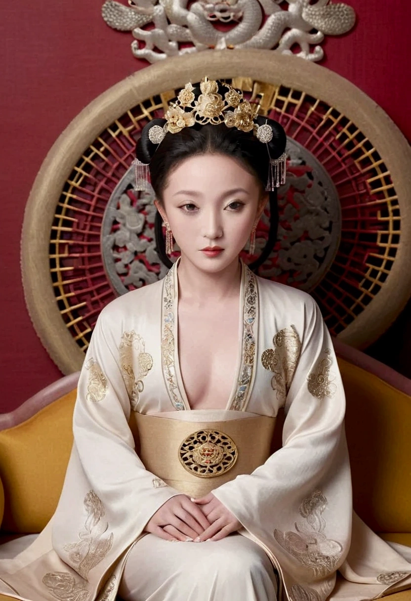 A gorgeous empress from the Chinese imperial court during the Qing Dynasty, fully naked on a large golden sofa, spreading one&#39;s legs open wide with knees bent,creating the shape of the letter M（Porn Pose） A gorgeous Chinese imperial empress with her hair tied on both sides and wearing a crown、Background of kinky and erotic woman tying her hair、The story is set in the luxurious rooms of an empress in the Chinese imperial court during the Qing dynasty.。