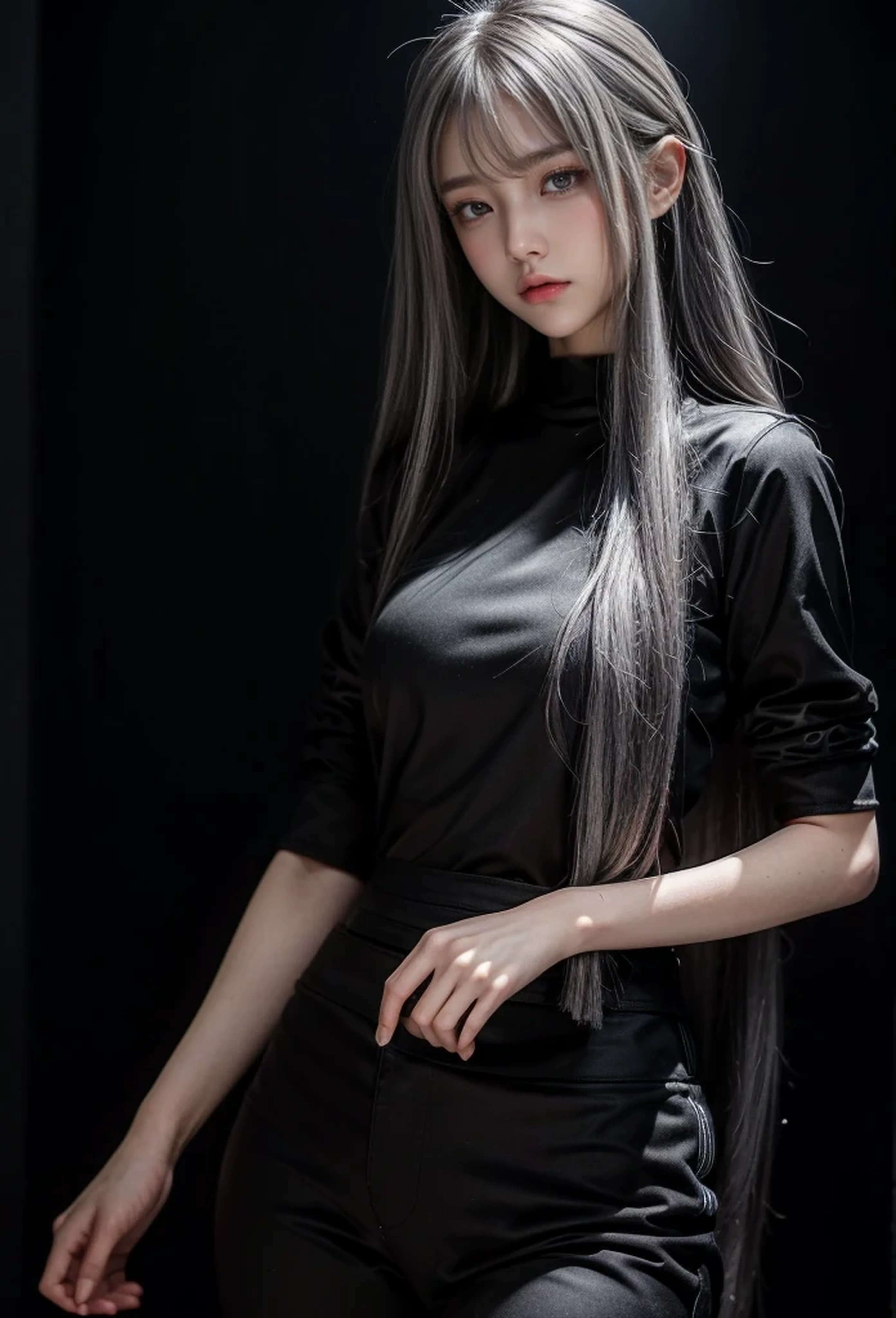 standing,Military Uniforms,pants,black military uniform,whole body,Height: 168cm,almond shape eyes,{{{{{silver eyes}}}}},{{{{{dull bangs}}}}},(slanted eyes},{{whole body},{{{1 girl}}}, long hair, straight hair,{{{{silver hair}}}},{{{tsurime}}},30 years old,{Medium chest},{{bush}},silver eyes,{{{masterpiece}}}, {{{highest quality}}}, {{Super detailed}}, {shape}, {{very delicate and beautiful}},very detailed,detailed perfect,detailed hyper,Abundant thighs,big ass,black clothes