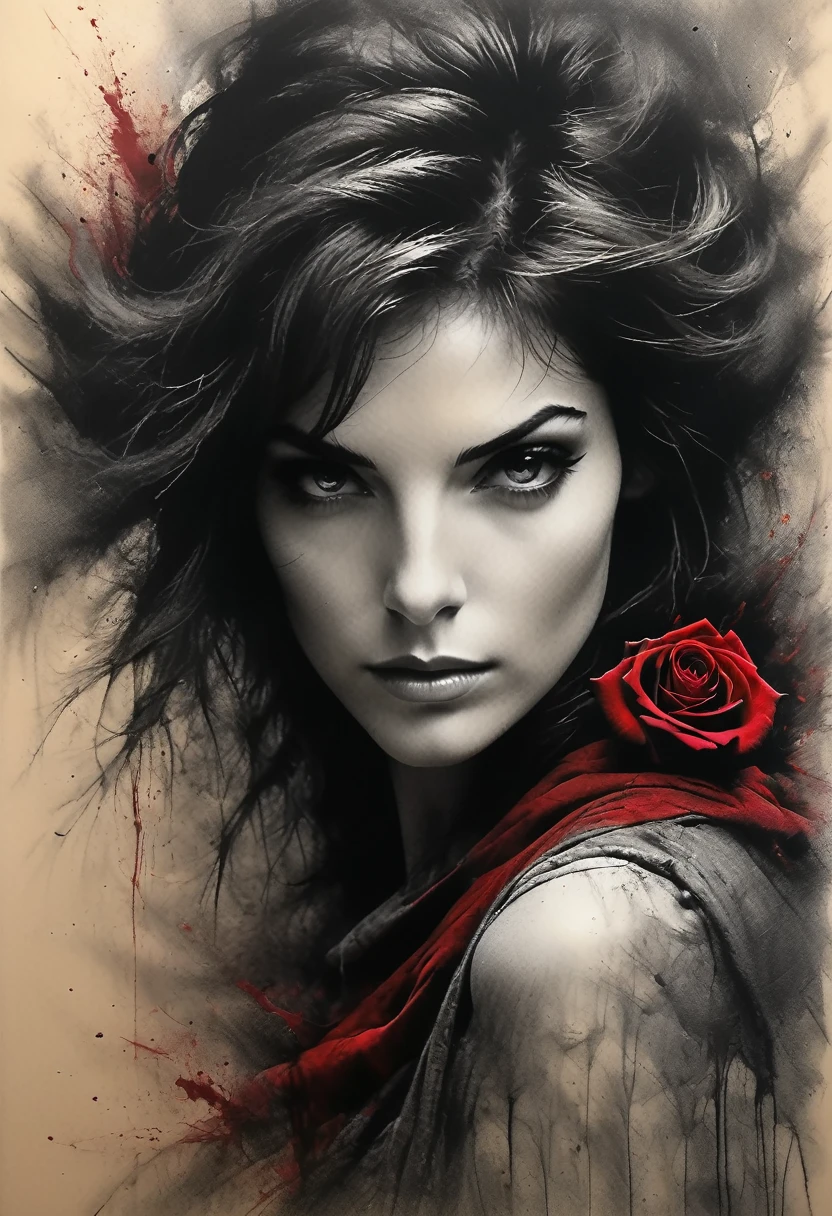 Charcoal Drawing, Pencil Drawing, Line Drawing, Graphite Drawing, Toned Paper, Masterpiece, Two-Color, Ink, Stunningly Beautiful Brunette Girl, Dark Red Rose\(Flower\), Red Blood, Arabic Ink, Splash, Intricate Details, Volumetric Lighting, Cinematic, Detailed, Realistic. Art by Antonio Mora, Andre Cohn, Arthur Bordalo, Bob Ringwood, Benedict Bahn,