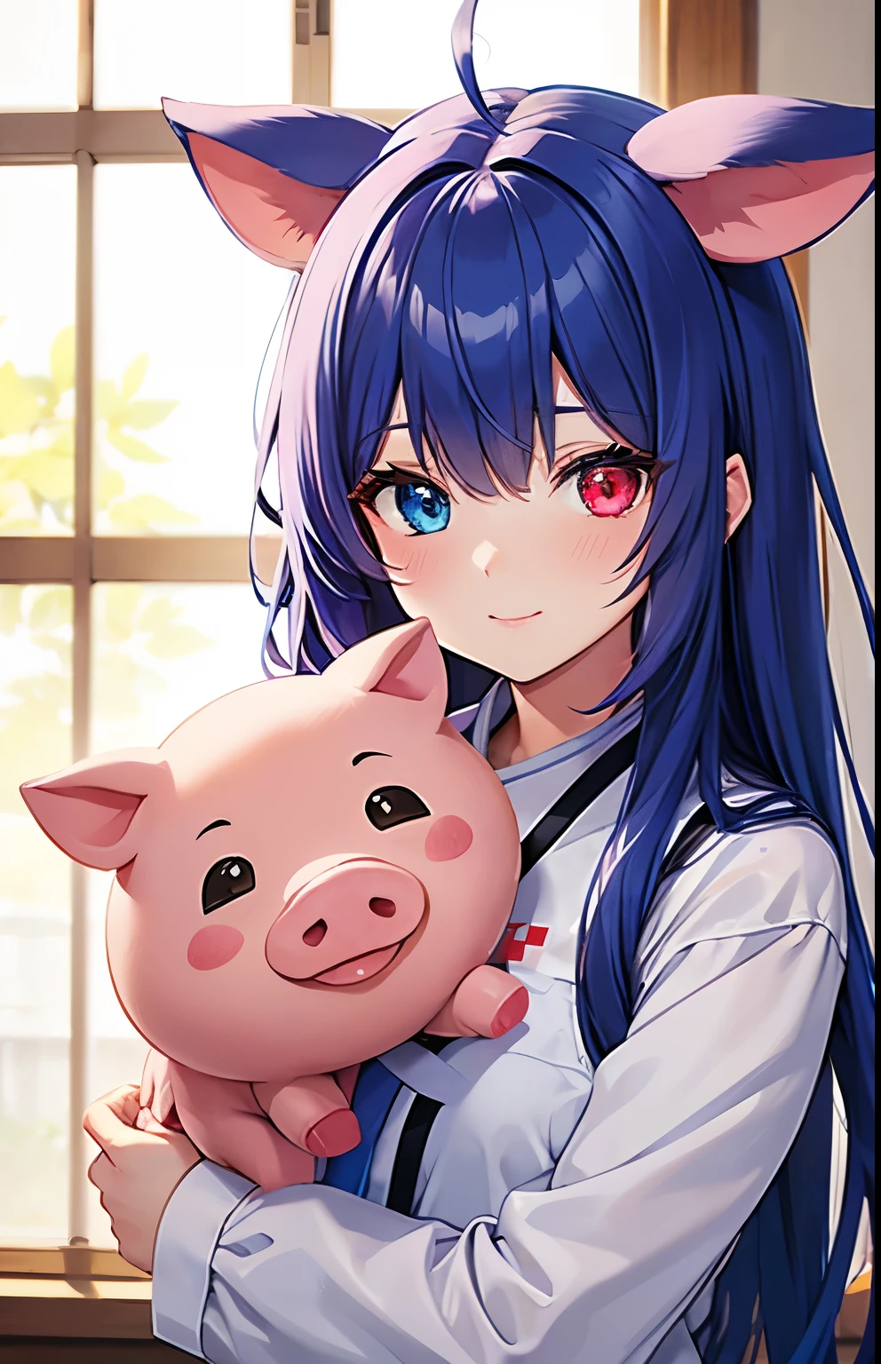 solo girl,blue and purple hair,long hair,cute gal girl,two red cross hair clip for left and right bang,((heterochromia,blue eyes,red eyes)),oily skin,25 years old,half smile,in pig farm,upper body focus,((wearing pig costume))