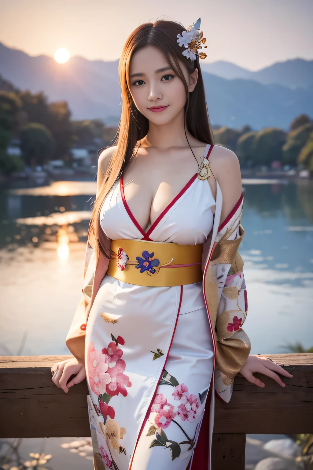 asuna, masterpiece, best quality, detailed, (1girl), solo, detailed golden eyes, long hair, standing, close to viewer, (detailed kimono), light smile, medium breasts, (arms behind back), water, sunset, (hair ornament), (Sakura bloom), snow mountain lake in the background