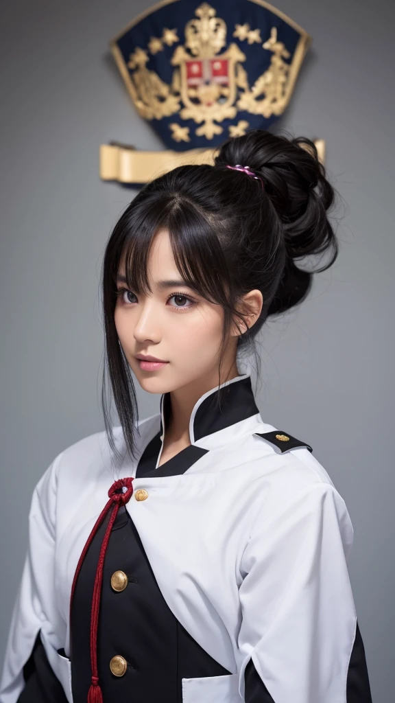 Long Black Hair、Raised ponytail、Female Naval Officer、Black Uniform、Height 195cm、Stocky build、Muscular、Slightly tanned skin、Real expression