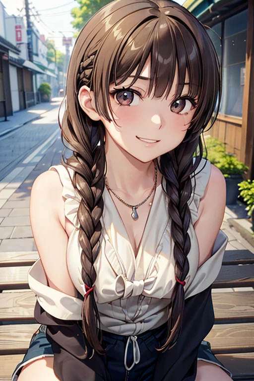 Yuno Shimazu、Shiny brown hair,Long Hair,  、((2 braids:1.5、Hair that falls over the shoulders)),Beautiful brown eyes、Sparkling eyes, Fine grain、smile、Ultra-detailed eyes、Highly detailed face, Highly detailed eyes,Cowboy Shot、


((masterpiece, Highest quality, High resolution, 超High resolution, Pixel perfect, Depth of written boundary, 4K, RTTX 10.0, High resolution))),
 ((Detailed face description)), (((Perfect balance))), (((alone))), (()), (grinned)), (Slanted Eyes), (Sit on a bench), (grinned), ((No sleeve), (necklace)), (shirt), (Shorts), ((Tokyo Background)),