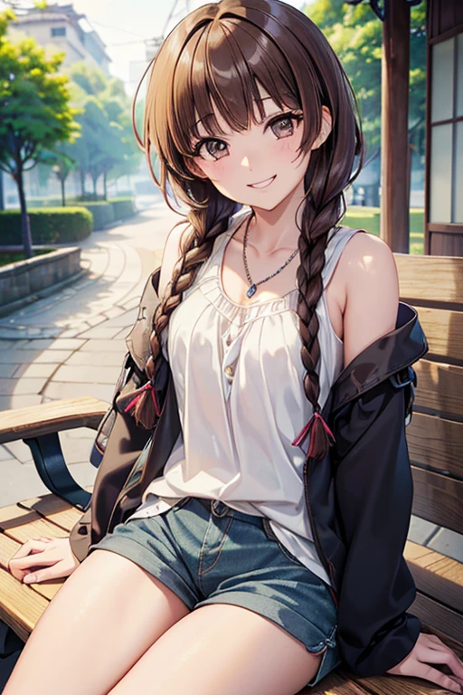 Yuno Shimazu、Shiny brown hair,Long Hair,  、((2 braids:1.5、Hair that falls over the shoulders)),Beautiful brown eyes、Sparkling eyes, Fine grain、smile、Ultra-detailed eyes、Highly detailed face, Highly detailed eyes,Cowboy Shot、


((masterpiece, Highest quality, High resolution, 超High resolution, Pixel perfect, Depth of written boundary, 4K, RTTX 10.0, High resolution))),
 ((Detailed face description)), (((Perfect balance))), (((alone))), (()), (grinned)), (Slanted Eyes), (Sit on a bench), (grinned), ((No sleeve), (necklace)), (shirt), (Shorts), ((Tokyo Background)),