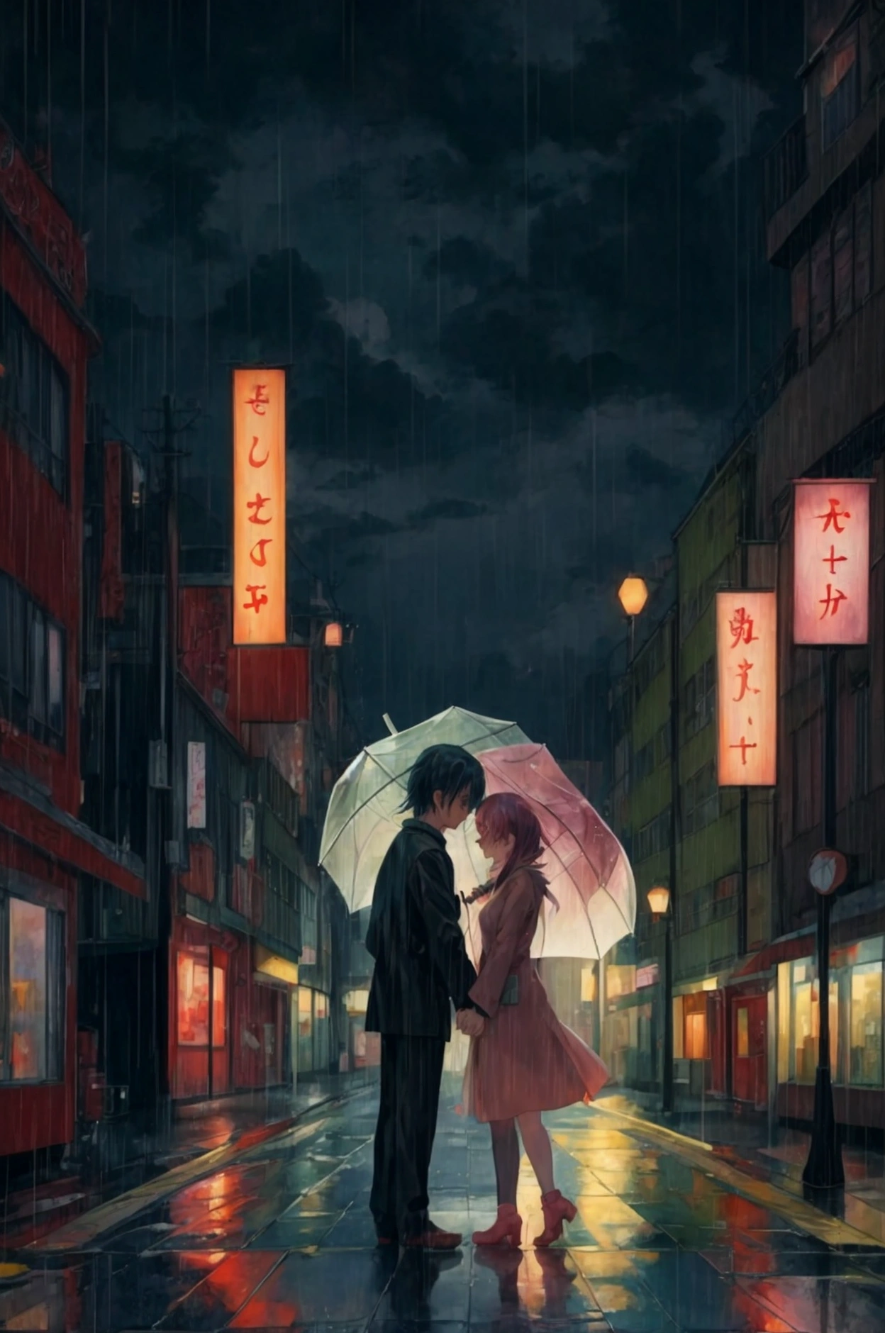 couple, アニメ, lofi,rainy night scene,background city,city lights, romantic scenery,transparent umbrella,Couple looking at each other, estilo de animação アニメ,lofi vibes