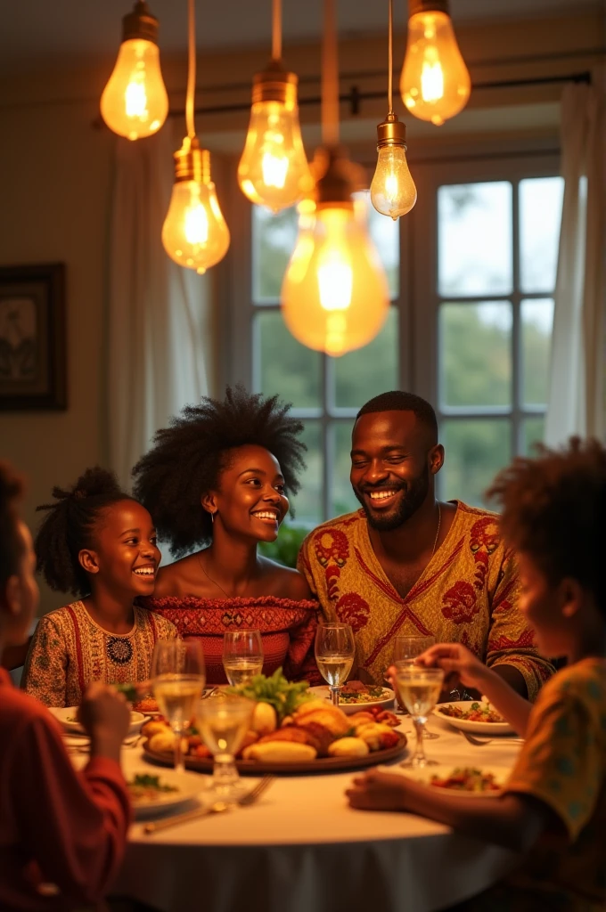 Beautiful lights bulbs showing over the head of  an beautiful African family having dinner in a well lit room
