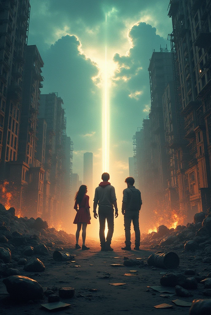 Apocalyptic urban background with destroyed and partially restored buildings. A dark sky with glowing rays of light penetrating through the clouds. Central image of three main characters: Saya: A strong female character with plans or maps. Alex: A technological male character with devices or screens. Leia: An educational female character with a group of people. Additional decorations: Brilliant rays of light bursting from the ruins. Technological elements such as chips and light networks. Use this description to use the base front cover image.