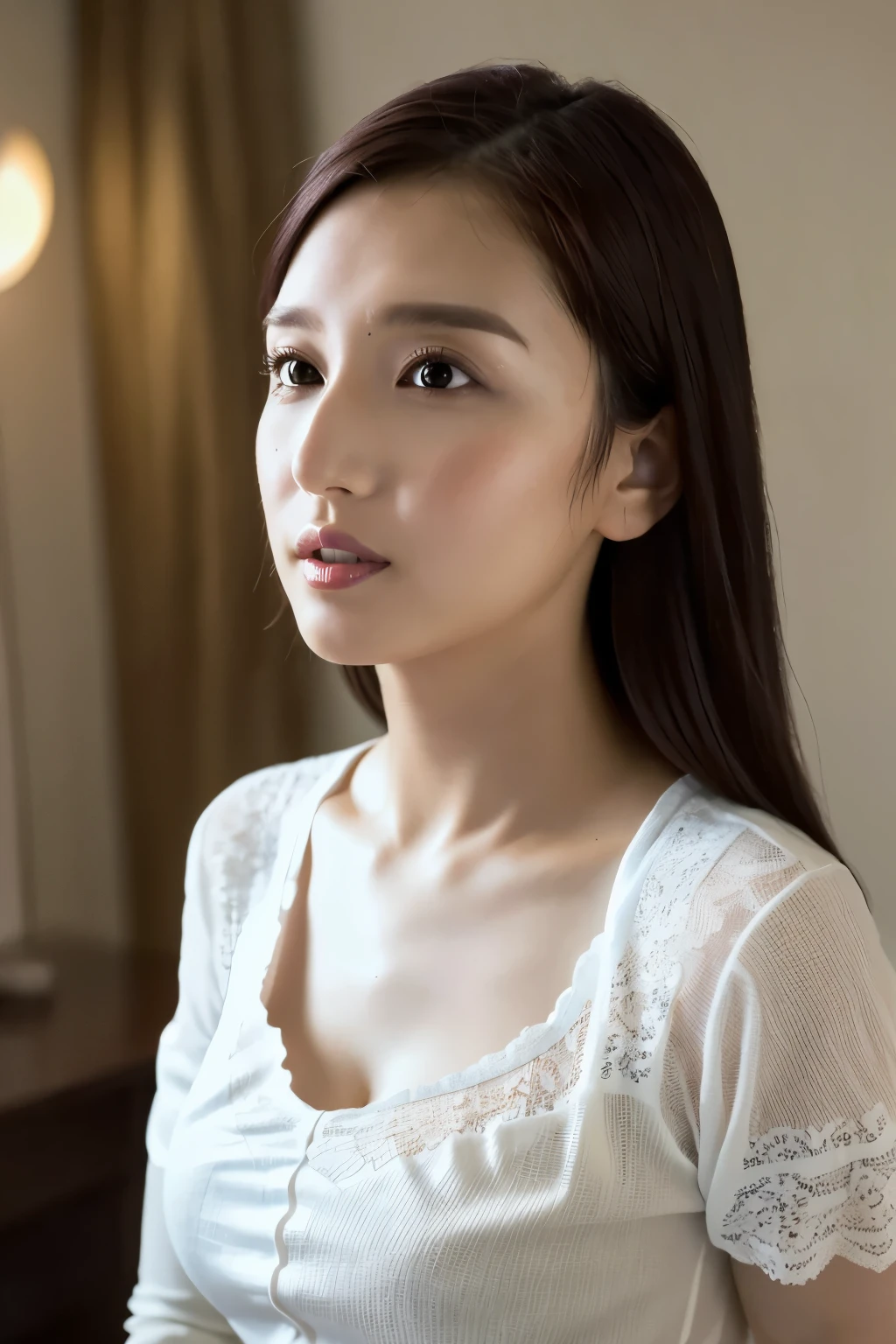 ((Highest quality、masterpiece、8k、Best image quality、Hyperrealism、Award-winning works))、(Face close-up:1.1)、(nose:1.2)、(Elegant white lace open-chest blouse with short sleeves:1.3)、(Extremely tight and thin long-sleeved V-neck knit:1.2)、(Small cleavage:1.2)、(Accentuate your body lines:1.1)、(The most blurred love hotel bedroom background:1.2)、(The moodiest warm lighting:1.2)、(Spectacular Cinema Lighting:1.1)、(Tyndall effect:1.2)、(The most moody and romantic:1.2)、Perfect Anatomy、(Gazing at me with a bored expression:1.2)