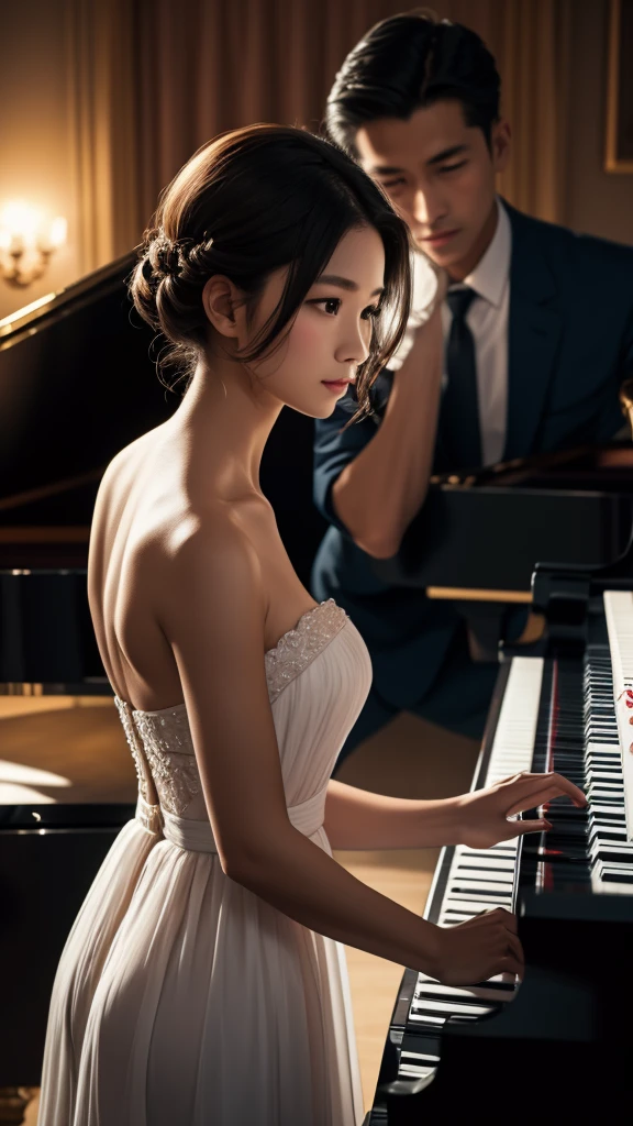A handsome Thai man in a dark grey suit is playing the piano in the middle of the room. A short-haired young woman in a light pink strapless evening gown is standing next to him singing happily. The light in the room is in a warm white tone, romantic and beautiful. The picture and light are as beautiful as a scene in a romantic movie