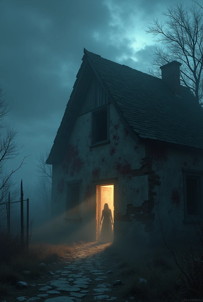 "Abandoned, eerie house in a misty village, night sky looming. Crumbling walls, open door with dim light. Bloodstained walls inside, ghostly figure of an old woman in shadows. Atmosphere filled with dread and darkness."