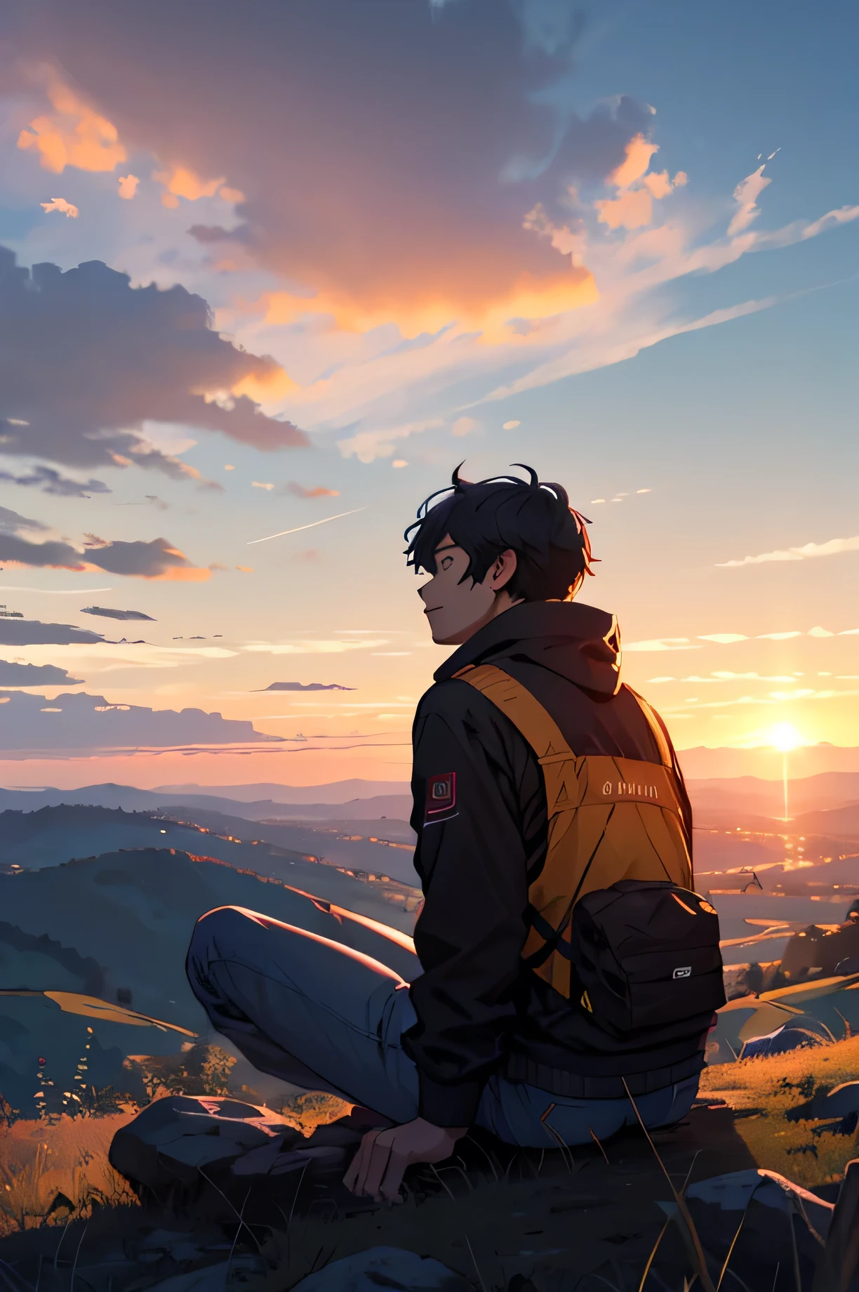 A person watching the sunset on top of a hill.