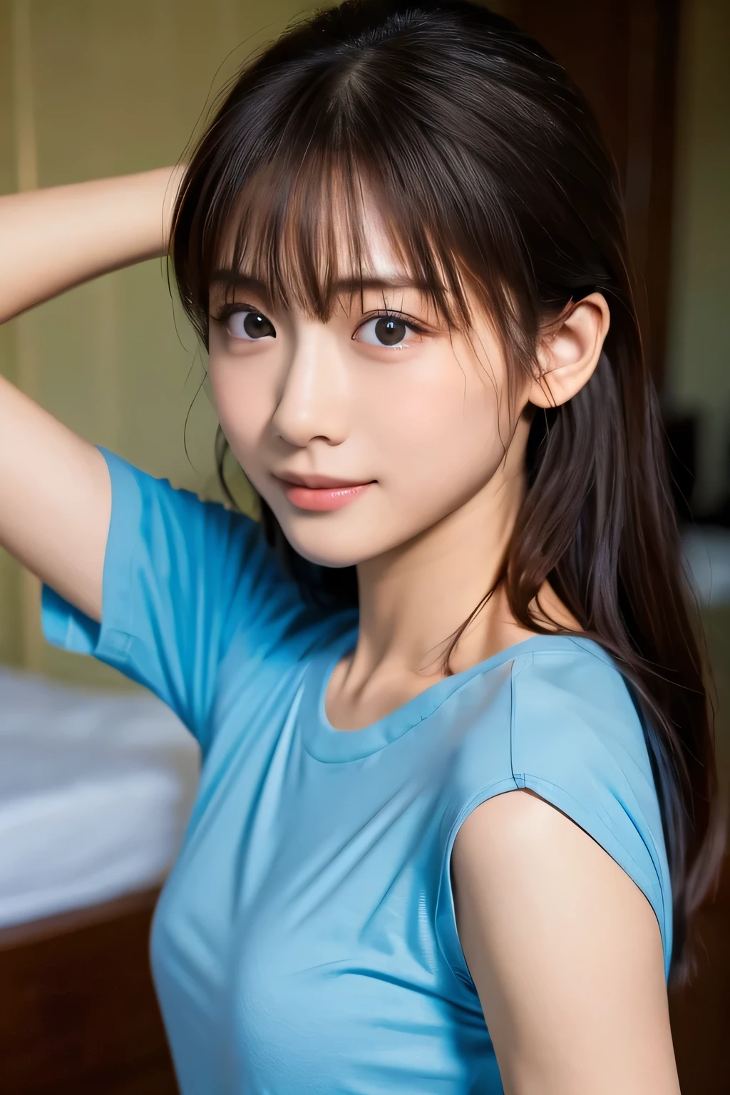 (Stretching on the bed:1.3), (Baby Face:1.3), (Highest quality:1.4), (Very detailed), (Very detailed美しい顔), naked, (Baby's physique:1.2), Great face and eyes, iris, (Flat Chest:1.5), (Skinny body type:1.5), (Light blue T-shirt:1.5), (Face close-up:1.2), Washroom, smile, Side shot, Smooth, Very detailed CG synthesis 8k wallpaper, High-resolution RAW color photos, Professional photography, Light, BackLight, dream-like, impressive, Written boundary depth