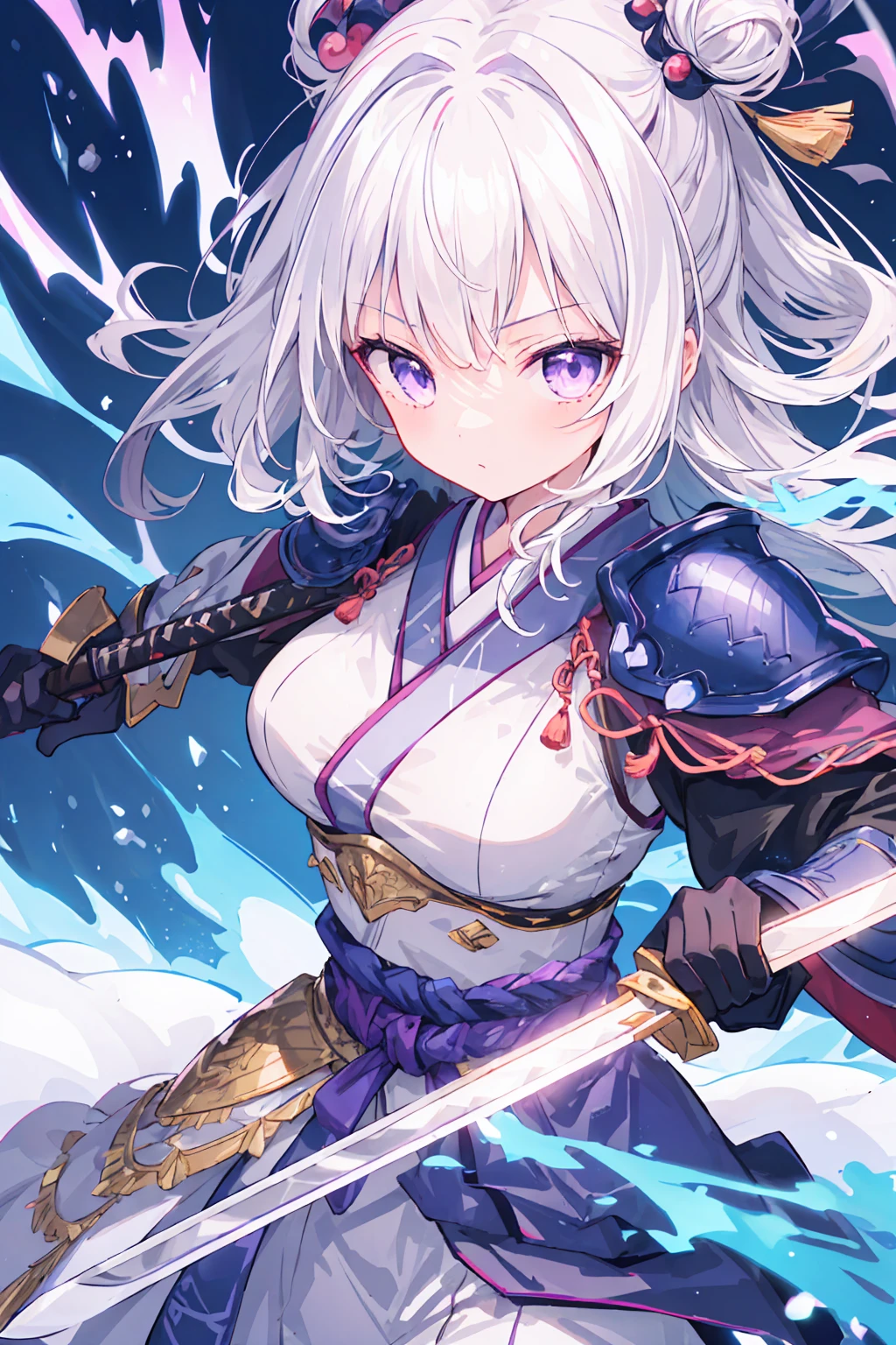 1girl, japanese armor, white hair, purple eyes, sword, ((holding sword)), blue flames, glowing weapon, light particles, wallpaper, chromatic aberration