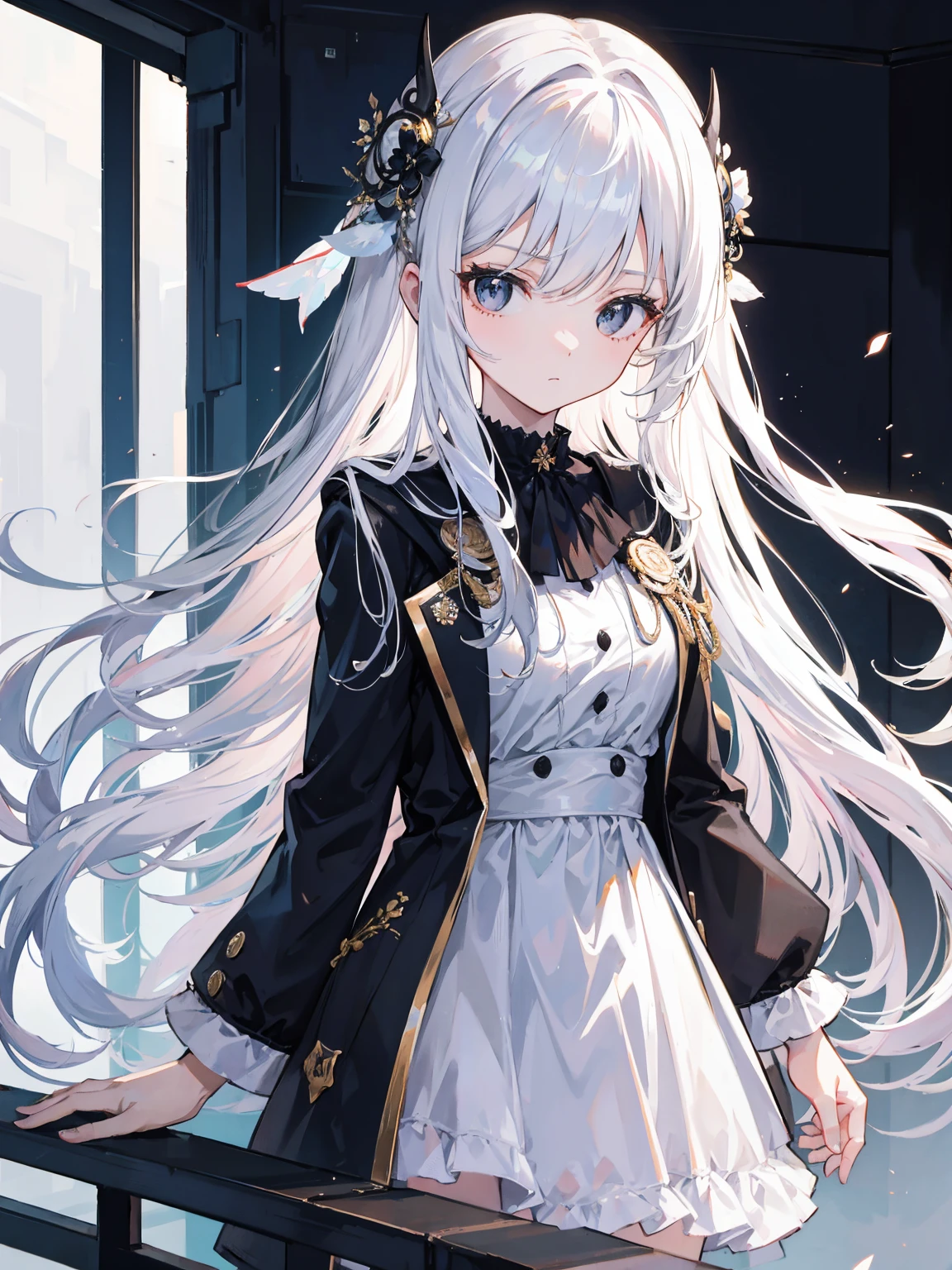 close-up, masterpiece, best quality, high details, (((a girl))), ((white long hair:1.2)), (black eyes:1.3), closed mouth, expressionless, Anime girl wearing Black jacket, white dress, Standing on the balcony