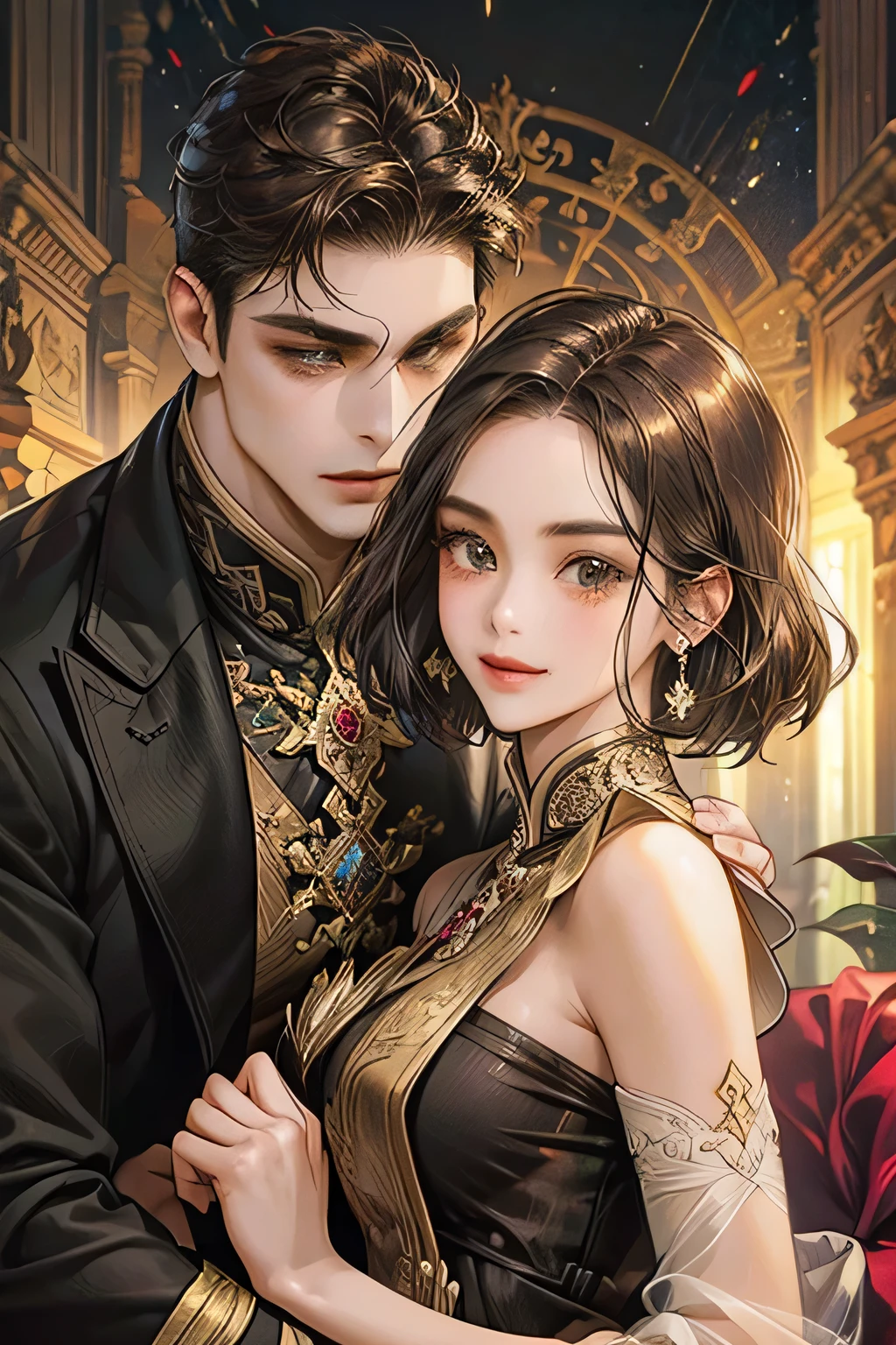 Couple, brown hair, javanese style, masterpiece, best quality, realistic, romantic and charming, 29 years old, light black eyes, serious, extremely detailed face, smile,, ((short-right-swept dark wine hair)), [ eyebrows], black suit, prambanan temple, accurate, detailed