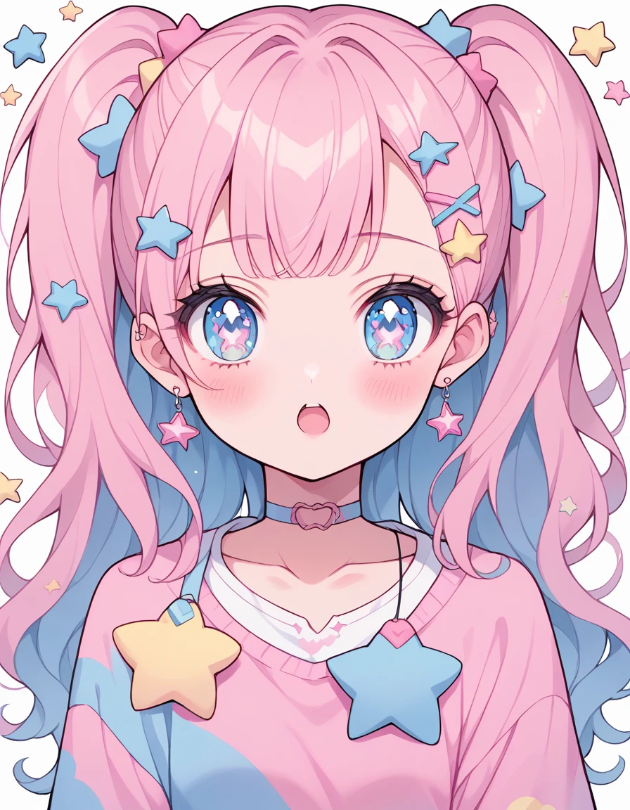 neondskdrmsxl, score_9_up, score_8_up, score_7_up, score_6_up, 1girl, solo, pastel colors, open mouth, long hair, star , (symbol), star hair ornament, hair ornament, twintails, looking at viewer, blue eyes, pastel neon lighting, source_anime, neon, neon theme , 