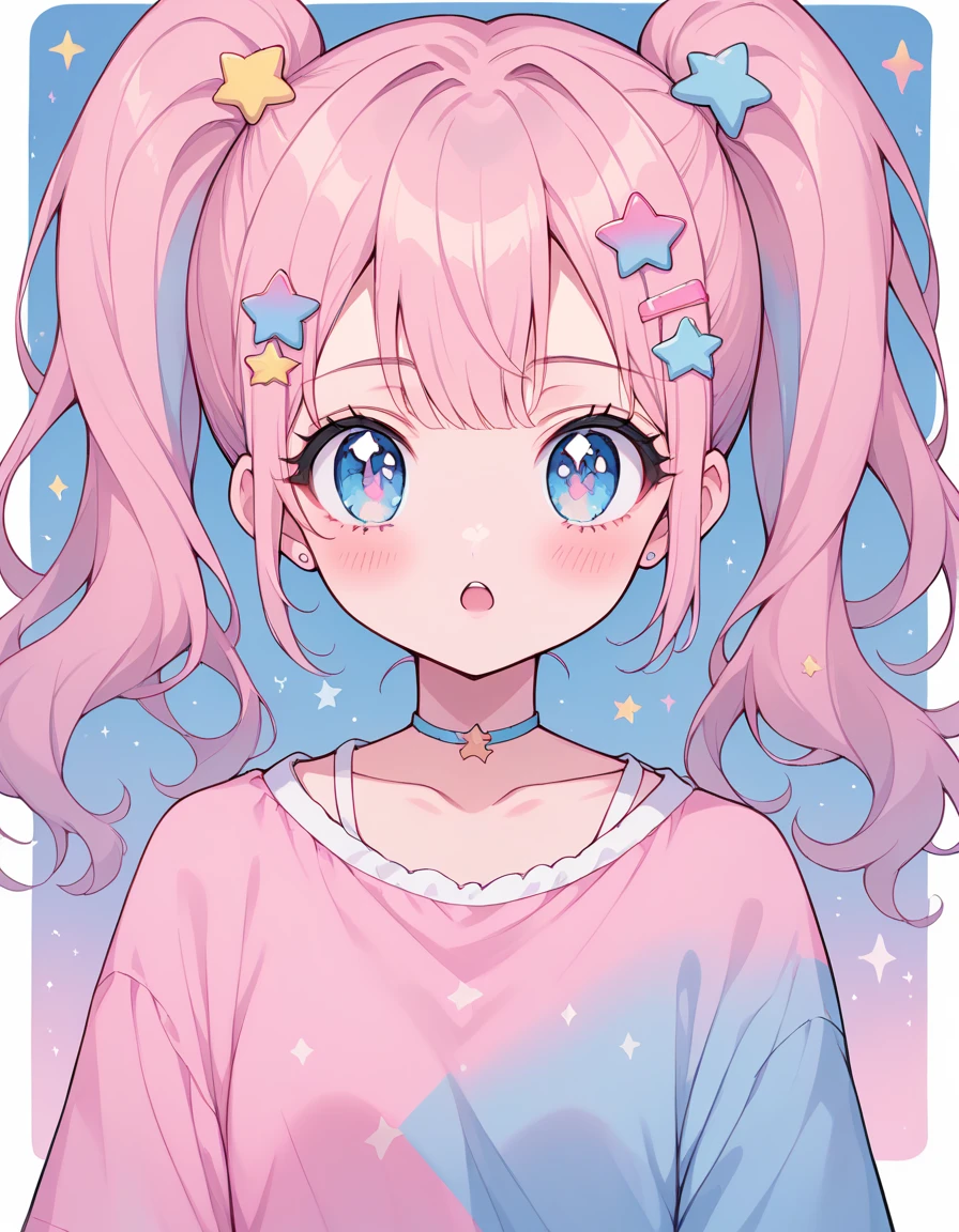 neondskdrmsxl, score_9_up, score_8_up, score_7_up, score_6_up, 1girl, solo, pastel colors, open mouth, long hair, star , (symbol), star hair ornament, hair ornament, twintails, looking at viewer, blue eyes, pastel neon lighting, source_anime, neon, neon theme , 