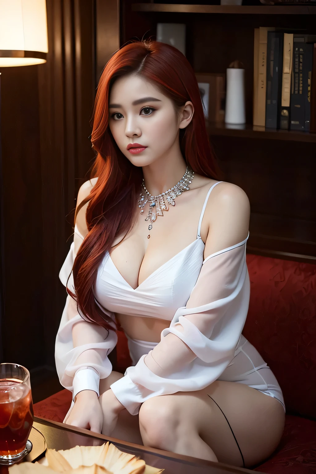 ( High quality , ultra detailed to hand ) ( careful hand ) Zodiac sign- Aries goddess , similar to latin goodness , Brave ,willful ,productive ,enterprising and humanitarian face . Moody, impulsive, impatient, assertive style . sunset reddish hair , transparent dress , in the ocean with sun , whole body , crystal fire eyes ( eye detailed ) . strong powerful make up look . Fire goddess .