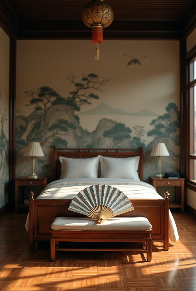 (Chinese style interior decoration, , Realistic documentary photography, Displays history,)bedroom, Looking ahead, Fan details, Jun porcelain hand fan, Parquet floor, Calm and elegant, Xiangyun Mural,