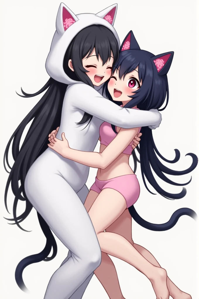 1 , long black hair, hypdertailed, pink eyes, white cat costume, looking up with closed eyes, giggling, hugging 1 , Dark Blue Hair, Cat's ears, Eyes red, looking down with closed eyes, giggling.