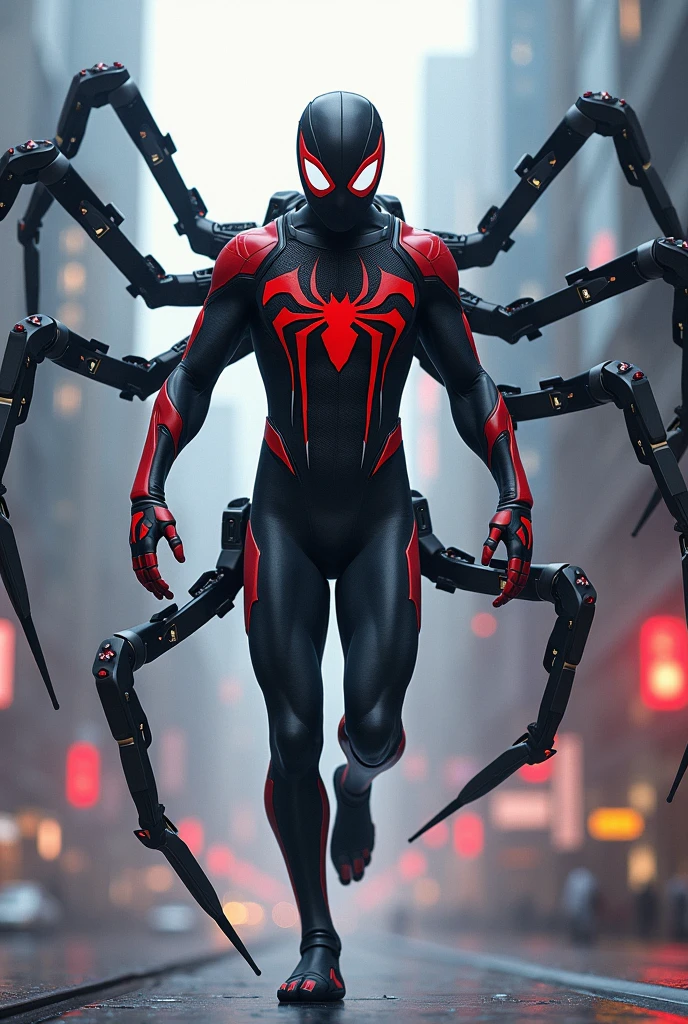 Create a image of spider man with a new  cool suit with 8 spider arms and using 2 spider arms as standing and other 4 using elements powers