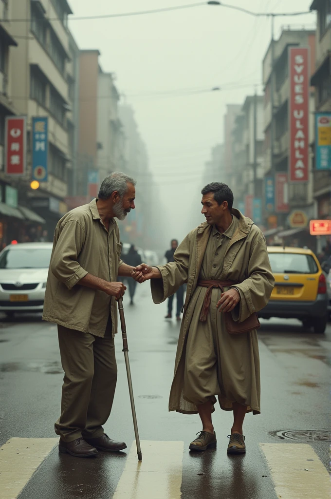 Who is this one is standing alone. A blind person having a stick on his hand. Trying to cross the road but he is blind. Suddenly his physically disabled friend come to help him. A dosti and emotional seen please make.