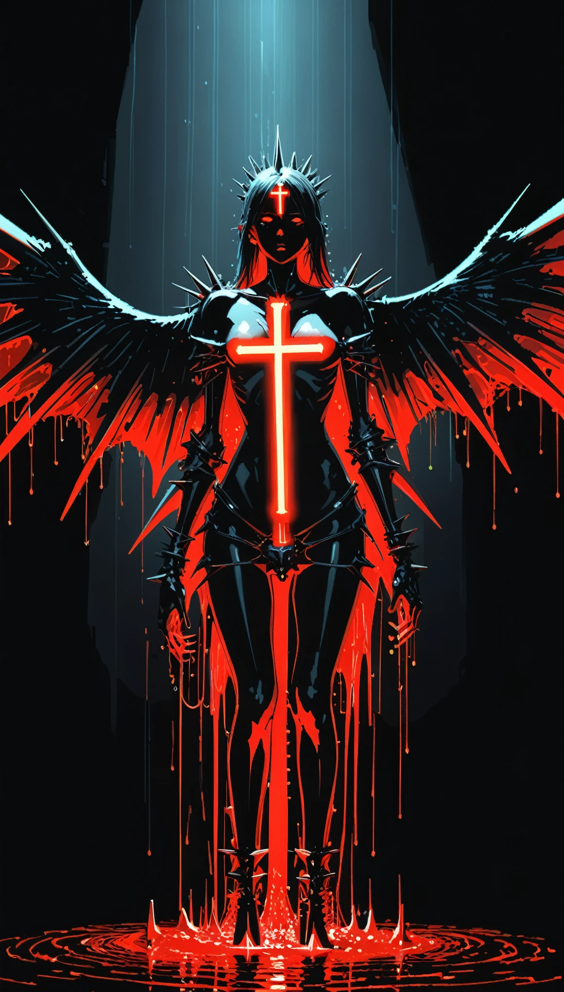 in style of Hans Hartung,in style by Kilian Eng
(1girl,character conceptual design,half body),gravure_pose,red eyes,(oversize black wings on back:1.3),glowing red fluorescent,armor,giant forearm,drops of water,waterline string,(irregular light cross spikes,all eyes know:1.8)