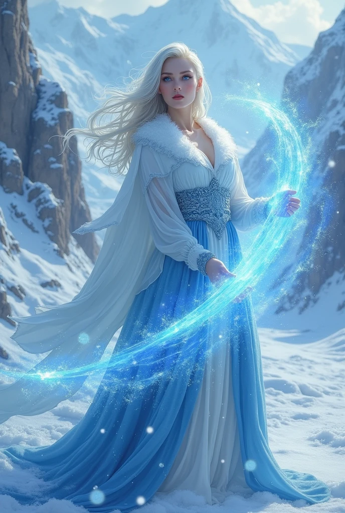 beautiful female winter sorcerer, with white hair and blue eyes, casting a ice spell. wearing a white and blue rope. Icy landscape background