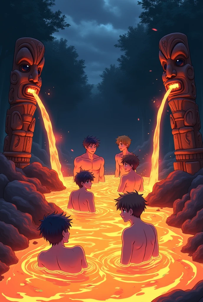 This image has to be anime, a river of lava, 5 teenagers, All men are bathing in this lava river. No fundo, you can see a beautiful forest at night. The lava is glowing and releasing smoke. The five are having fun. There are two Tiki statues, each one on one side, and they are releasing lava into the river of lava