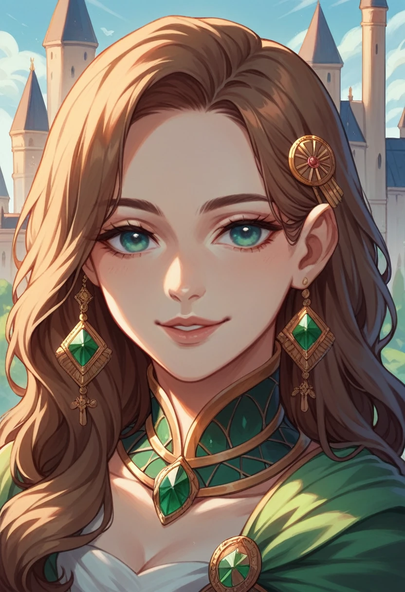 1girl, emerald green eyes, long brown hair, blue eyes gentle smile, luscious lips, absurdres, high res, ultrasharp, masterpiece, 8K, castle, golden hairpin,