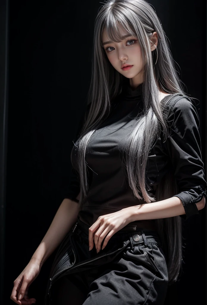 standing,Military Uniforms,pants,black military uniform,whole body,Height: 168cm,almond shape eyes,{{{{{silver eyes}}}}},{{{{{dull bangs}}}}},(slanted eyes},{{whole body},{{{1 girl}}}, long hair, straight hair,{{{{silver hair}}}},{{{tsurime}}},30 years old,{Medium chest},{{bush}},silver eyes,{{{masterpiece}}}, {{{highest quality}}}, {{Super detailed}}, {shape}, {{very delicate and beautiful}},very detailed,detailed perfect,detailed hyper,Abundant thighs,big ass,black clothes