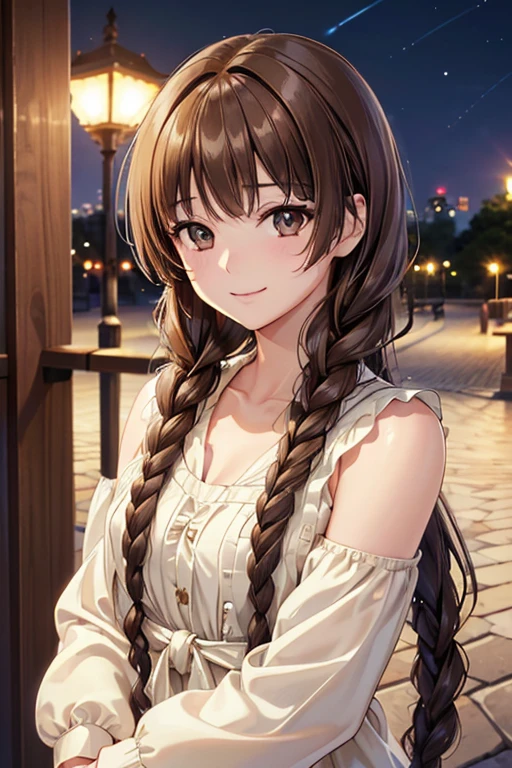 Yuno Shimazu、Shiny brown hair,Long Hair, 、((2 braids:1.5、Hair that falls over the shoulders)),Beautiful brown eyes、Sparkling eyes, Fine grain、smile、Ultra-detailed eyes、Highly detailed face, Highly detailed eyes,Cowboy Shot、
((masterpiece, Highest quality, High resolution, 超High resolution, Pixel perfect, Depth of written boundary, 4K, RTTX 10.0, High resolution))),
masterpiece、High resolution、High resolution、High resolution、1 female、Very close、((Depiction of only the upper body))、((Brown Hair))、優しいsmile、Smiling with teeth showing、((Late Night City))、