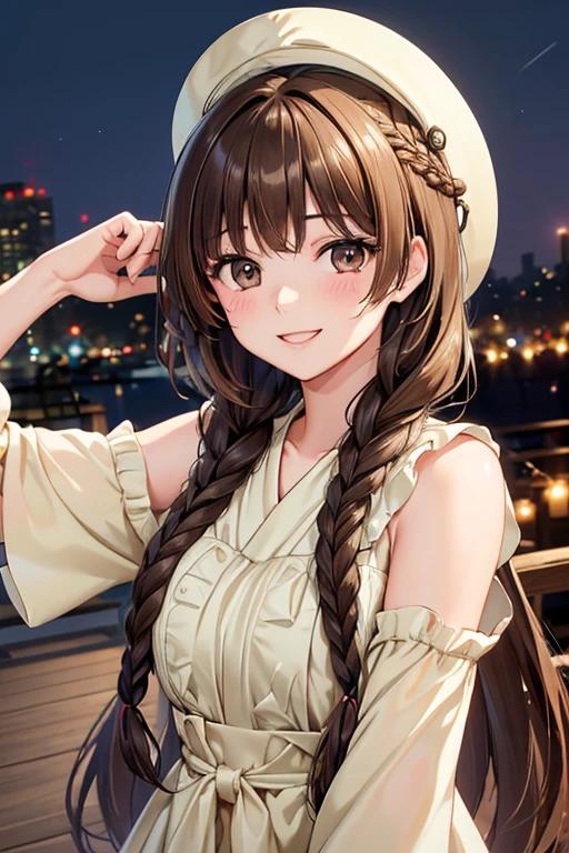 Yuno Shimazu、Shiny brown hair,Long Hair,  、((2 braids:1.5、Hair that falls over the shoulders)),Beautiful brown eyes、Sparkling eyes, Fine grain、smile、Ultra-detailed eyes、Highly detailed face, Highly detailed eyes,Cowboy Shot、


((masterpiece, Highest quality, High resolution, 超High resolution, Pixel perfect, Depth of written boundary, 4K, RTTX 10.0, High resolution))),
masterpiece、High resolution、High resolution、High resolution、1 female、Very close、((Depiction of only the upper body))、((Brown Hair))、優しいsmile、Smiling with teeth showing、((Late Night City))、