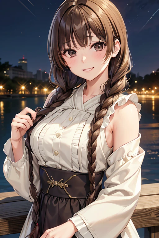 Yuno Shimazu、Shiny brown hair,Long Hair,  、((2 braids:1.5、Hair that falls over the shoulders)),Beautiful brown eyes、Sparkling eyes, Fine grain、smile、Ultra-detailed eyes、Highly detailed face, Highly detailed eyes,Cowboy Shot、


((masterpiece, Highest quality, High resolution, 超High resolution, Pixel perfect, Depth of written boundary, 4K, RTTX 10.0, High resolution))),
masterpiece、High resolution、High resolution、High resolution、1 female、Very close、((Depiction of only the upper body))、((Brown Hair))、優しいsmile、Smiling with teeth showing、((Late Night City))、