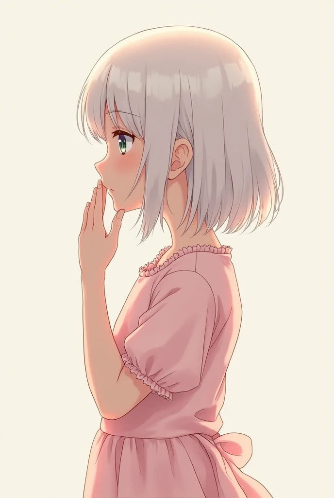 Anime girl around 8-10 years old side view white smooth hairs in a pink half sleeve dress