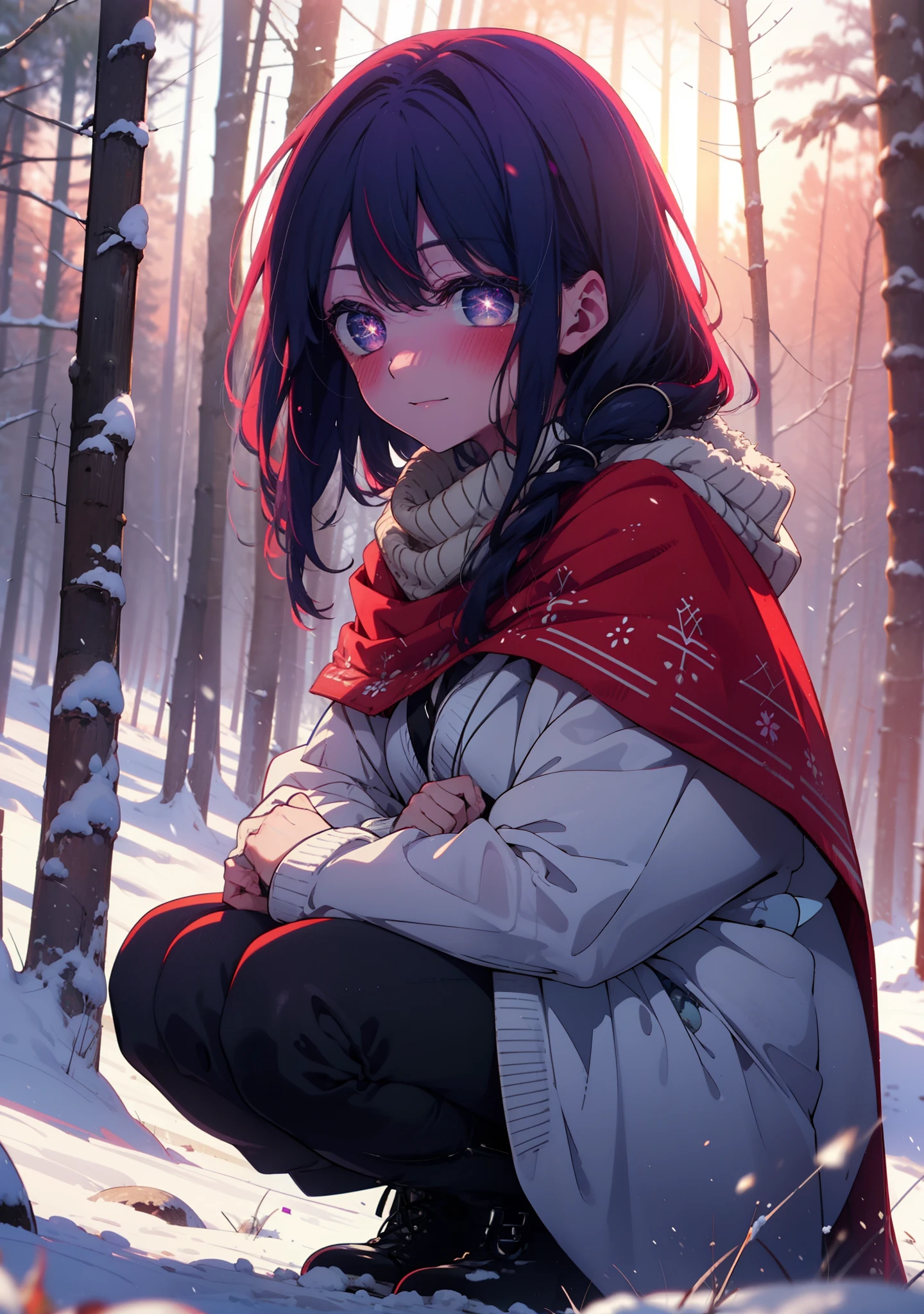 aihoshino, Ai Hoshino, Long Hair, bangs, (Purple eyes:1.1), Purple Hair, (Symbol-shaped pupil:1.5), smile,,smile,blush,white breath,
Open your mouth,snow,Ground bonfire, Outdoor, boots, snowing, From the side, wood, suitcase, Cape, Blurred, , forest, White handbag, nature,  Squat, Mouth closed, Cape, winter, Written boundary depth, Black shoes, red Cape break looking at viewer, Upper Body, whole body, break Outdoor, forest, nature, break (masterpiece:1.2), Highest quality, High resolution, unity 8k wallpaper, (shape:0.8), (Beautiful and beautiful eyes:1.6), Highly detailed face, Perfect lighting, Extremely detailed CG, (Perfect hands, Perfect Anatomy),