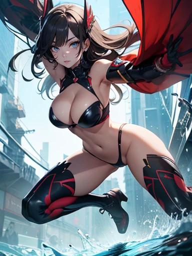 masterpiece, ultra-detailliert, 8k, hiquality, Top image quality, digitial illustration, Art by Kim Hyun-tae, Female sexy, Seductive Anime Girl, Japanese anime, Combative posing, Depiction of dense hair, Detailed eye depiction, Sexy body lines, appearance々Splash paint background in colors, Center, biomechanical oppai, oppai, oppai proportions, Sharp Focus, large full breasts, Colossal , Costumes with less fabric area, and draw the full body, Glossy realistic skin texture, spring, Hover effect, 2 legs, 2 arms, Precise human body structure, Low angle perspective, Configuration looking up from below