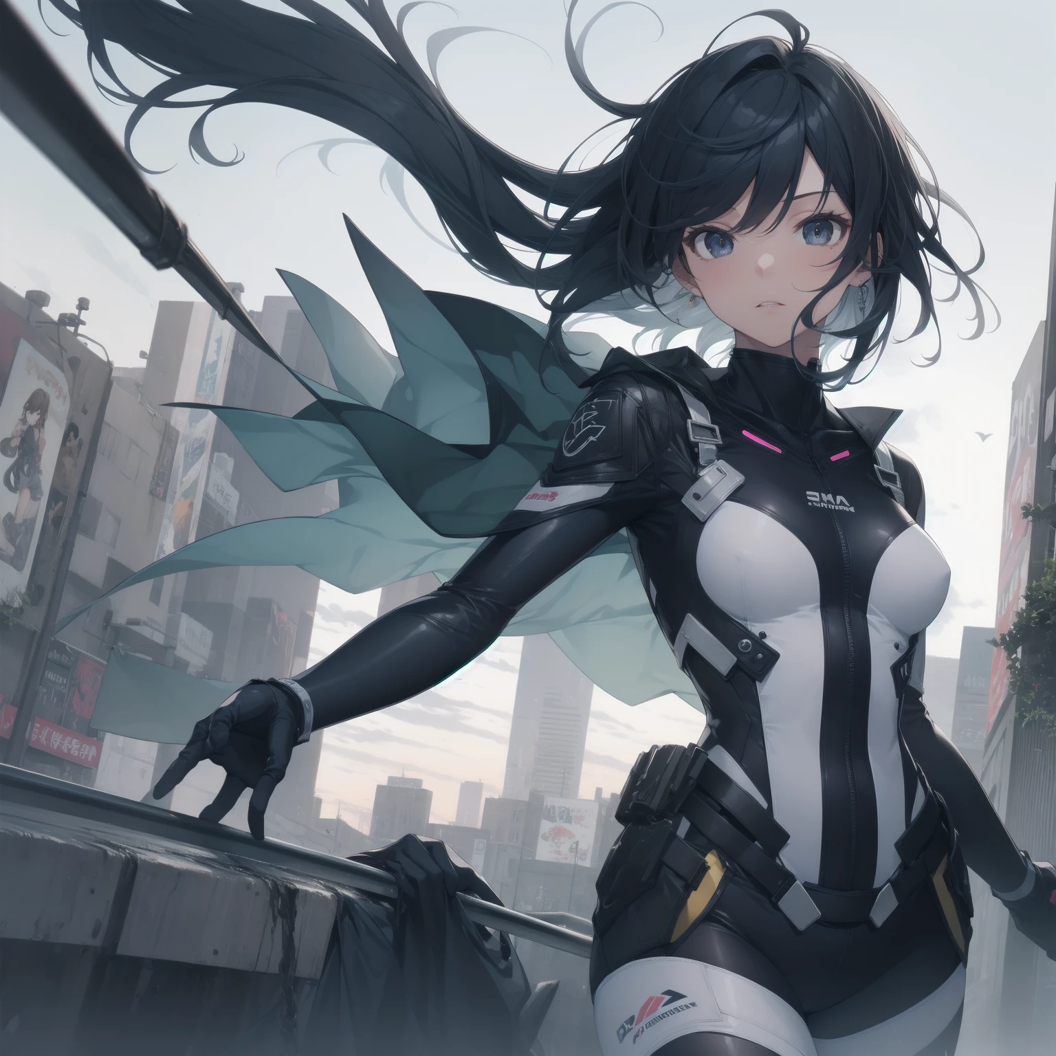 ultra-absurdres-Top quality by artist God, ultra-detailed, high resolution, anime moe artstyle, best anime 8k konachan wallpaper, pixiv contest winner, pool:2810, perfect anatomy,break, 1girl, (Please draw a girl dynamic action to skyscraper alone. )break,(Solo,little female, 16-year-old:1.3),Full limbs, complete fingers, cyberpunk, (very short hair), pixie cut, round breasts, groin, butt, small black eyes, beautiful detailed eyes, well-proportioned iris and pupils, expressive eyes, highres detailed hair, expressionless, bodysuit, plugsuit, (Detailed Lighting), (Detailed background), in the cityscape. break,super detailed skin, Best sexual lighting powered by famous artist, 8k,beauty illustration,photoshop_(medium),very aesthetic,break,((artist:izumi_tsubasu )), artist:clamp ,artist:carnelian ,artist:kantoku ,