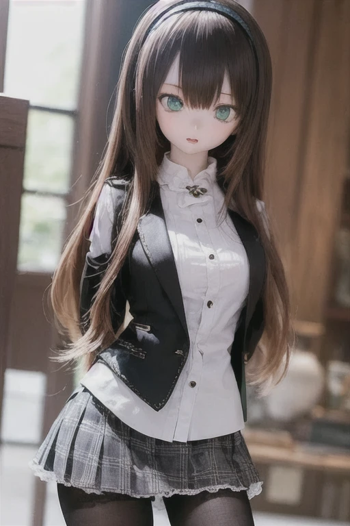 (SFW:2), photorealistic, realistic photo, 8k, ((highest quality)), ((masterpiece)), (extremely detailed), kukolnydom, doll, (mature woman, 21yo, 21 years old, solo:1.6), ((cowboy shot, contrapposto, slim, slender, skinny, medium breasts, hairband, ascot, vest, dress shirt, pleated skirt, black pantyhose)), (green eyes, brown hair, long hair, plastic skin, looking at another, glass eyes, gradient eyes, shining eyes, detailed eyes:1.3)