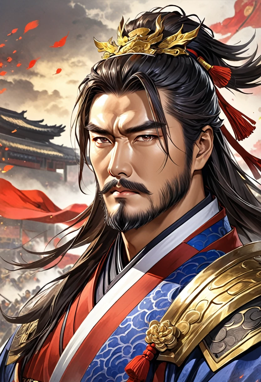 Three Kingdoms Cao Cao, middle aged man, charisma, leader, handsome, 어깨 견장 없음