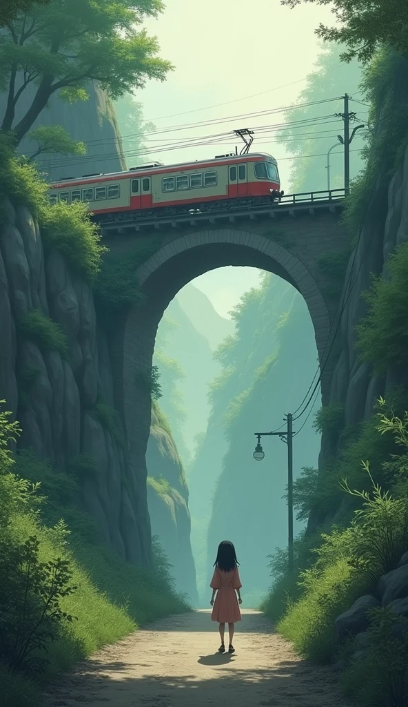 Edit photos,Very detailed background,Ultra-realistic,Double contact,Writing border depth,summery vibe,Soft Focus Tone,Story scenes,Very thin,Straight Hair,Short bangs,Super Thin Eyes,The train crosses the viaduct,underground,From below,