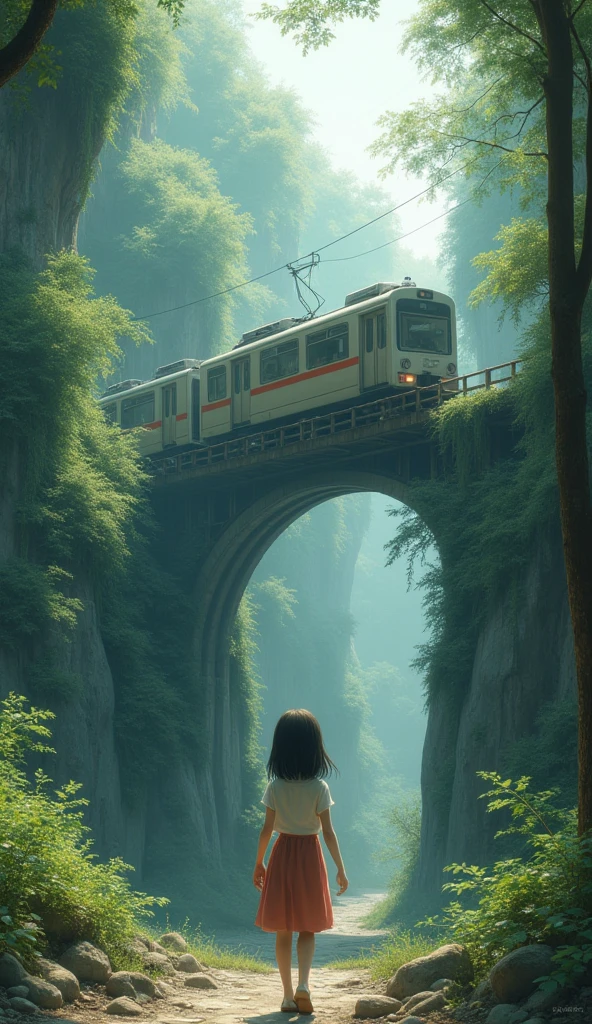 Edit photos,Very detailed background,Ultra-realistic,Double contact,Writing border depth,summery vibe,Soft Focus Tone,Story scenes,Very thin,Straight Hair,Short bangs,Super Thin Eyes,The train crosses the viaduct,underground,From below,