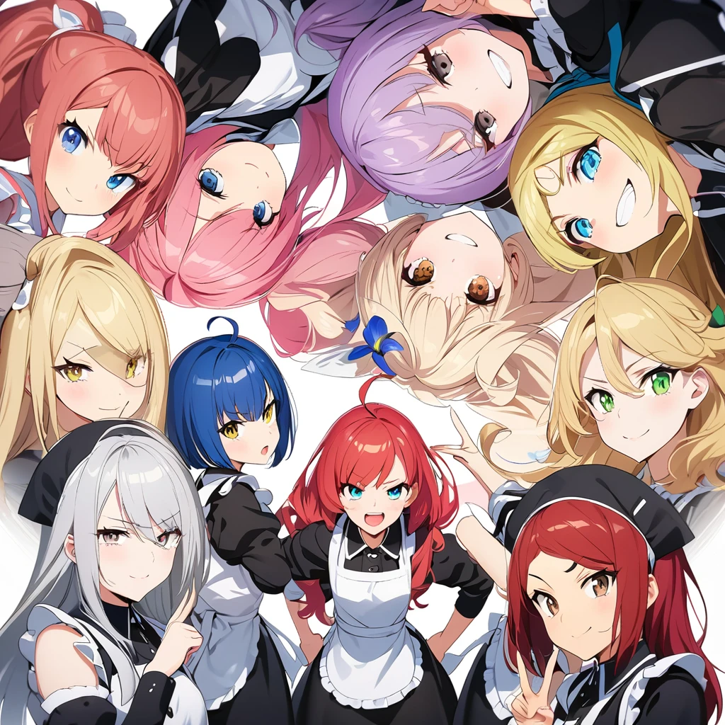 woman, 6+girls, making a heart with hands, making a heart with fingers, making a thumbs up, making a V sign, hands on hips, hands on head, looking at viewer, smiling, cheerful grin, grinning, evil smiling, crying, glaring, long hair, twintail, ponytail, side tail, bob, ahoge, pink hair, red hair, blue hair, silver hair, purple hair, blonde, black eyes, brown eyes, blue eyes, green eyes, odd eyes, with irises, slim, white background, in the kitchen, maid, wide shot, radial composition