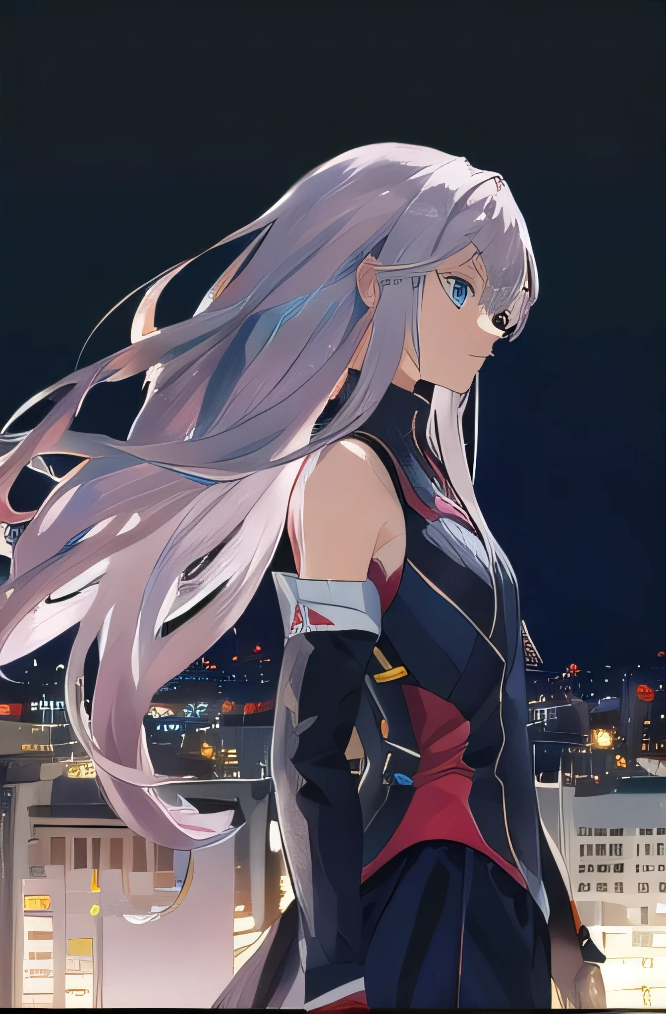 ((masterpiece)), ((best quality)), ((best illustration)), ((ultra-detailed)),((photorealistic color)), 1 lady, solo, ager, absurdly long hair, silver hair, straight hair, ((blue eyes)), ((ultra detailed eyes)), ((ultra detailed face)), holding weapon, gloomy face, lonely, looking at viewer, business suit, off shoulder, sleeveless, thin body, thin arms, long arms, standing, upper body, side view, rooftop, skyline, urban, night, moonlight, backlight